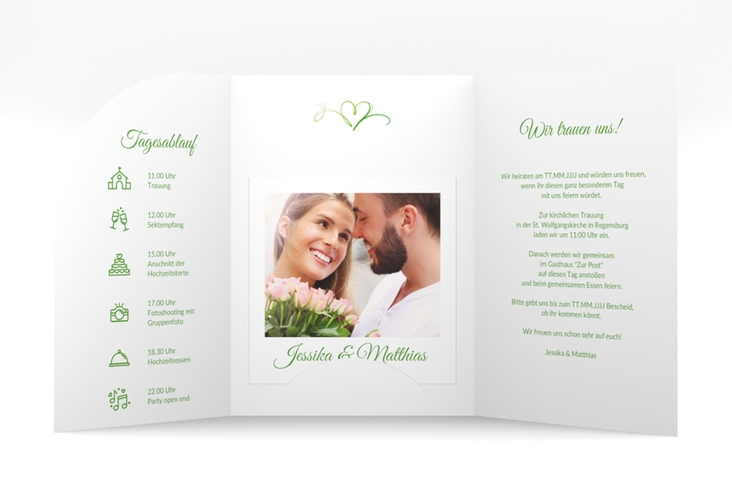 Hochzeitseinladung Envie mittlere Bogen-Wickelfalzkarte gruen hochglanz