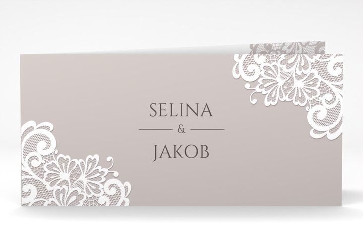 Dankeskarte Hochzeit Vintage lange Klappkarte quer grau hochglanz mit floraler Spitze
