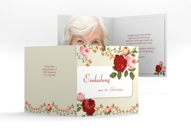 Einladung 80. Geburtstag Rosemarie quadr. Klappkarte