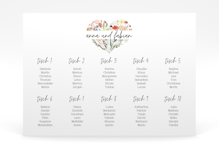 Sitzplan Poster Hochzeit Wildblumenherz 70 x 50 cm Poster bunt