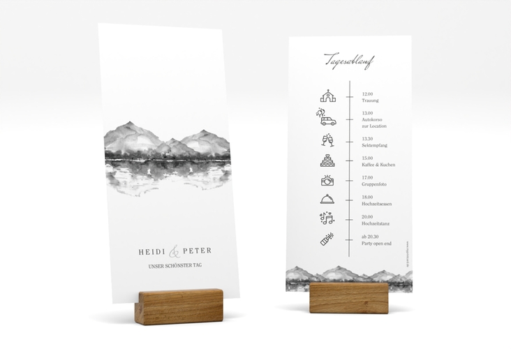 Tagesablauf Hochzeit Bergliebe lange Karte hoch grau hochglanz mit Gebirgspanorama für Berghochzeit