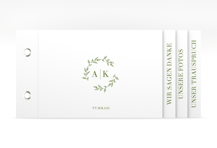Danksagungskarte Filigrana Booklet gruen in reduziertem Design mit Initialen und zartem Blätterkranz