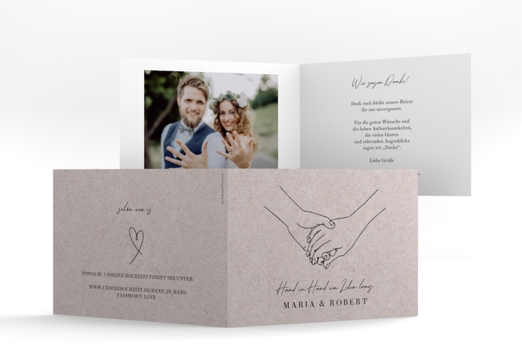Danksagungskarte Hochzeit Hands A6 Klappkarte quer Kraftpapier mit sich haltenden Händen im Monoline-Stil