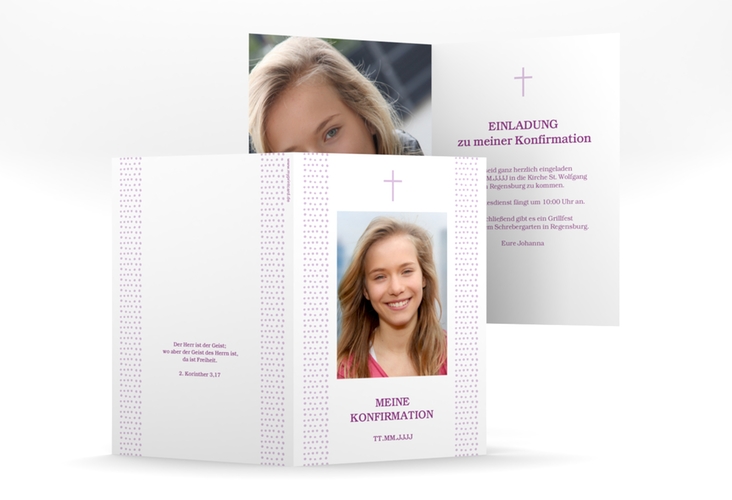 Konfirmationseinladung Trinitas A6 Klappkarte hoch lila mit kleinem Kreuz und Foto