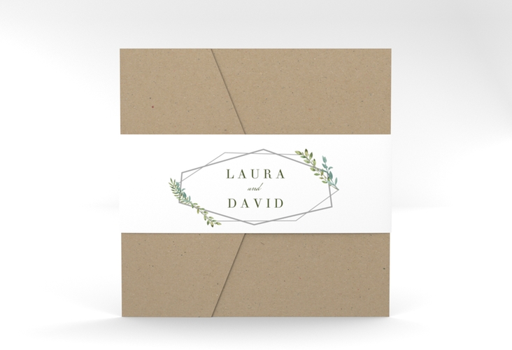 Hochzeitseinladung Herbarium Pocketfold grau mit geometrischem Rahmen und Blätter-Dekor