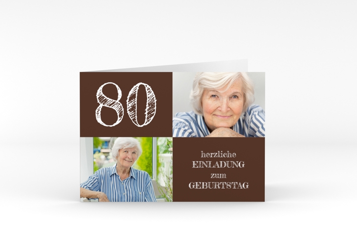 Einladung 80. Geburtstag Lebensfreude A6 Klappkarte quer braun hochglanz