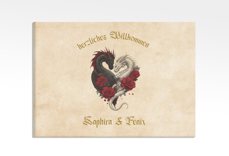 Willkommensschild Leinwand Drachenliebe 70 x 50 cm Leinwand beige mit schwarzem und weißem Drachen zu einem Herz verschlungen