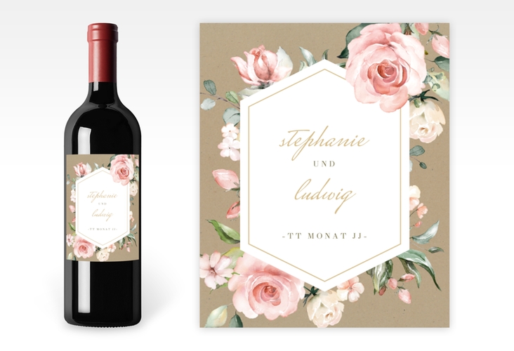 Weinflaschenetikett Hochzeit Graceful Etikett Weinflasche 4er Set mit Rosenblüten in Rosa und Weiß
