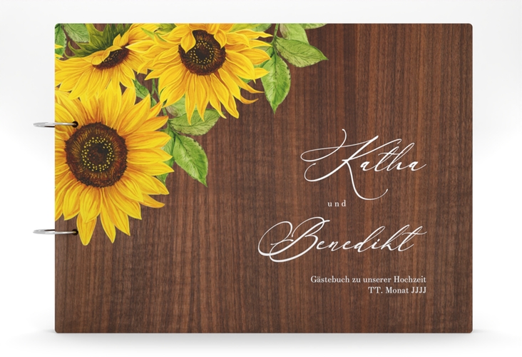 Gästebuch Holzcover Nussbaum Sonnenblume Holz-Cover, bedruckt gelb