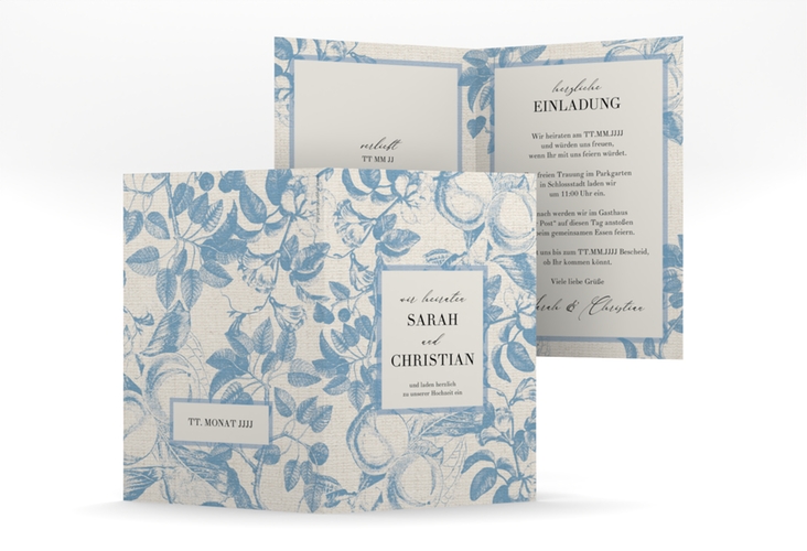 Einladungskarte Hochzeit Toile A6 Klappkarte hoch blau mit Blättermuster im Toile-de-Jouy-Stil