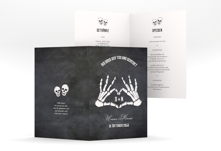Menükarte Hochzeit Skeleton A5 Klappkarte hoch mit Skelett-Händen