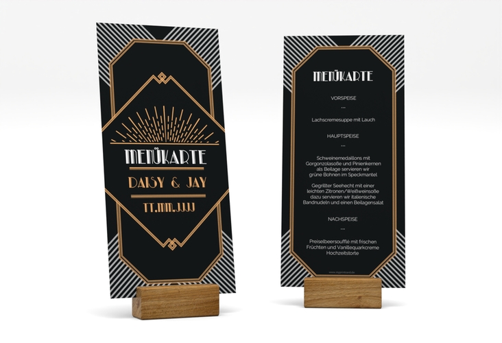 Menükarte Hochzeit Gatsby lange Karte hoch schwarz im 20er-Jahre-Stil