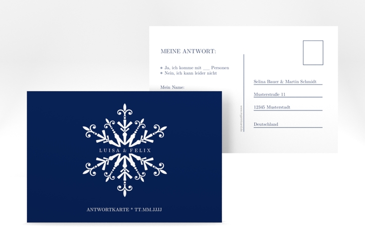 Antwortkarte Hochzeit Crystal A6 Postkarte blau mit Eiskristall