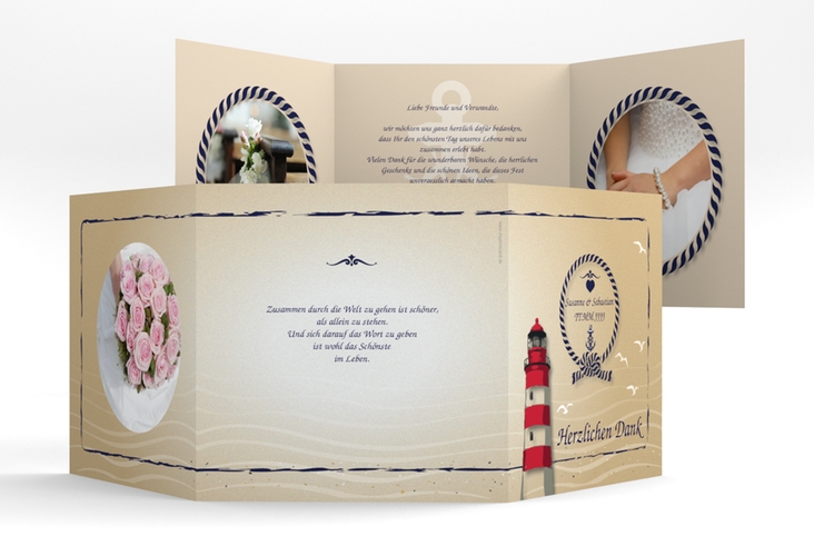 Danksagungskarte Hochzeit Sylt quadr. Doppel-Klappkarte braun hochglanz mit Leuchtturm