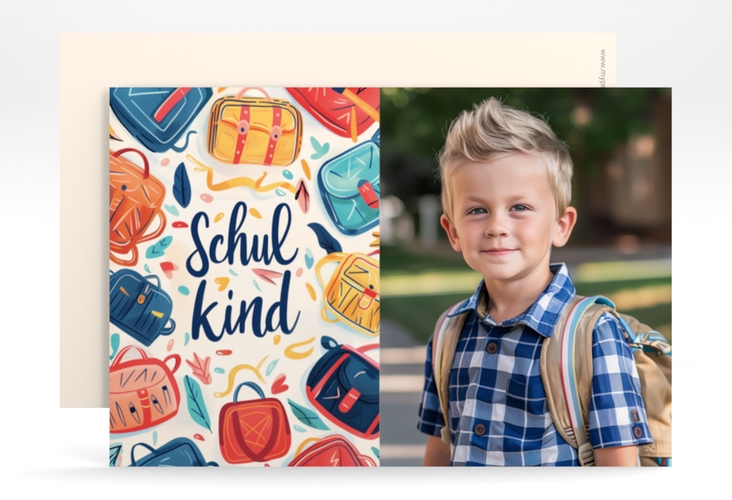 Einschulungskarte Schulmappen A6 Karte quer bunt