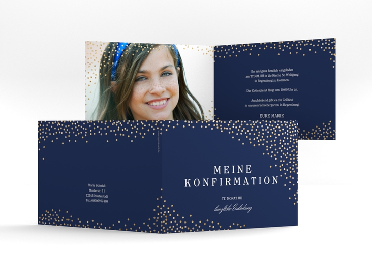 Einladung Konfirmation Glossy A6 Klappkarte quer blau hochglanz