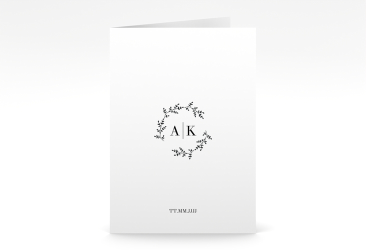 Einladungskarte Hochzeit Filigrana A6 Klappkarte hoch schwarz in reduziertem Design mit Initialen und zartem Blätterkranz