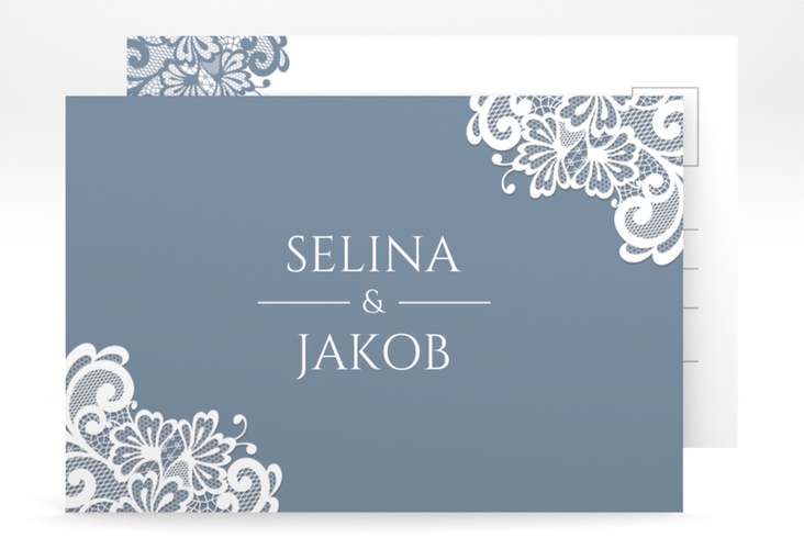 Verlobungskarte Hochzeit Vintage A6 Postkarte blau mit floraler Spitze