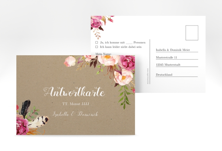 Antwortkarte Hochzeit Flowers A6 Postkarte Kraftpapier hochglanz mit bunten Aquarell-Blumen