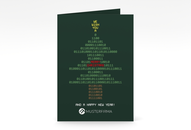Geschäftliche Weihnachtskarte Binär A6 Klappkarte hoch gruen hochglanz mit Weihnachtsbaum aus Binärzahlen