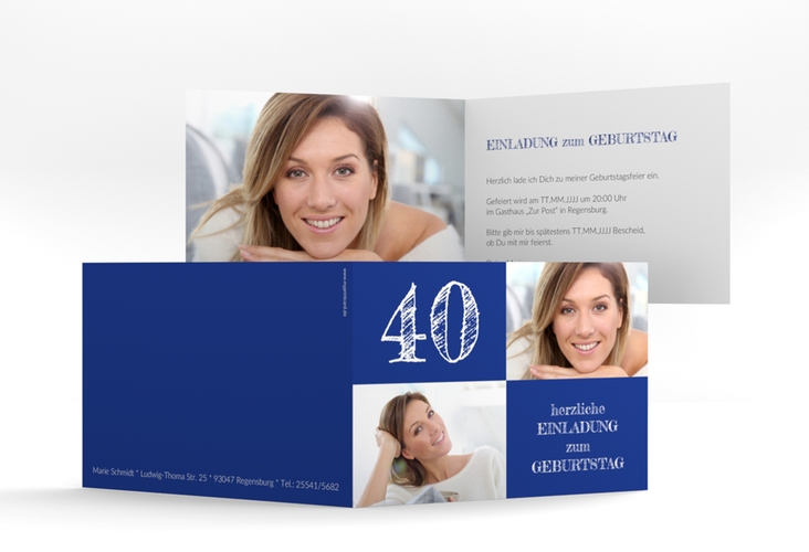 Einladung 40. Geburtstag Lebensfreude A6 Klappkarte quer blau