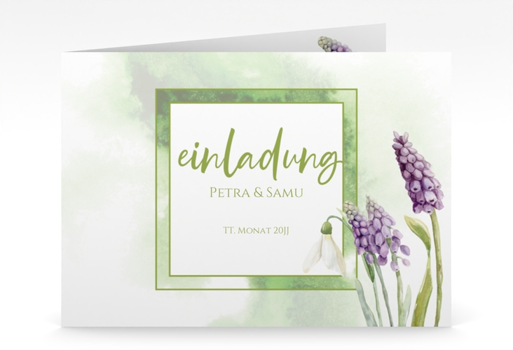 Hochzeitseinladung Frühling mittlere Klappkarte quer mit Frühlingsblumen in Aquarell