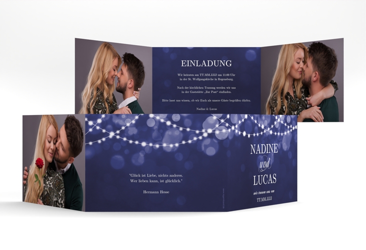Hochzeitseinladung Lichtspiel A6 Doppel-Klappkarte blau