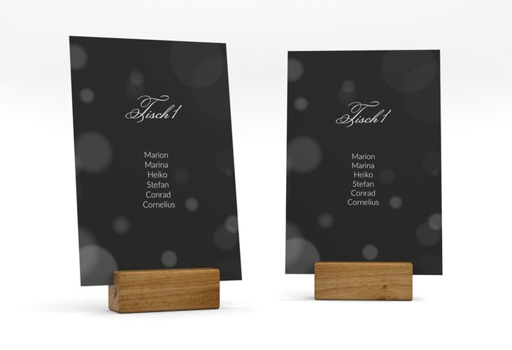 Tischaufsteller Hochzeit Bokeh Tischaufsteller schwarz mit eleganter Schrift