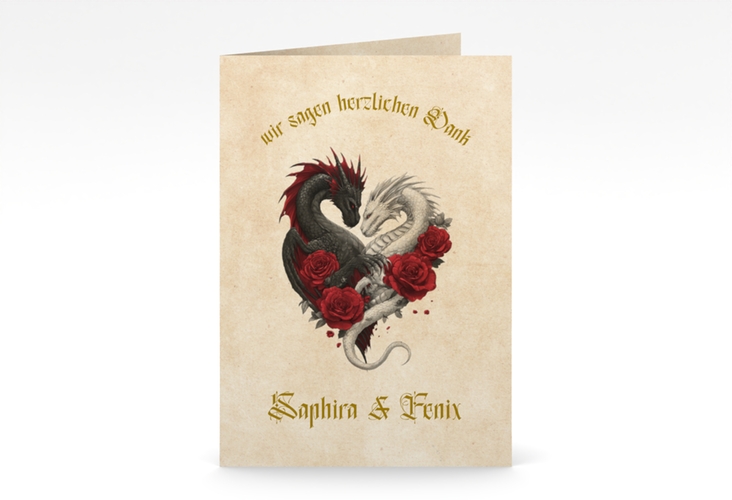 Danksagungskarte Drachenliebe A6 Klappkarte hoch beige mit schwarzem und weißem Drachen zu einem Herz verschlungen