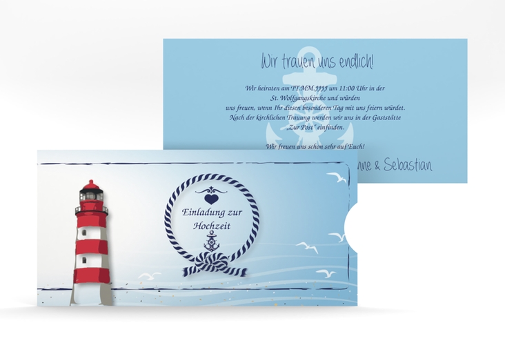 Hochzeitseinladung Sylt Einsteckkarte blau mit Leuchtturm