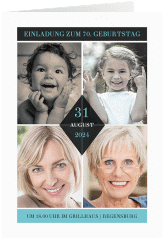 Einladung 70. Geburtstag Rhombus A6 Klappkarte hoch tuerkis modern mit vier Fotos