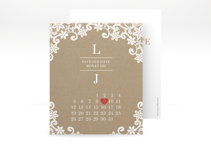 Save the Date-Kalenderblatt Bella Kalenderblatt-Karte hochglanz mit weißer Brautspitze um Initialen