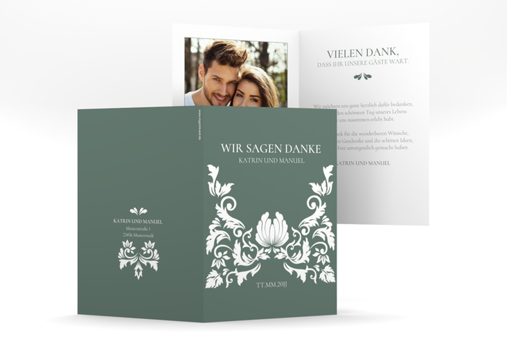 Danksagungskarte Hochzeit Royal A6 Klappkarte hoch gruen hochglanz mit barockem Blumen-Ornament