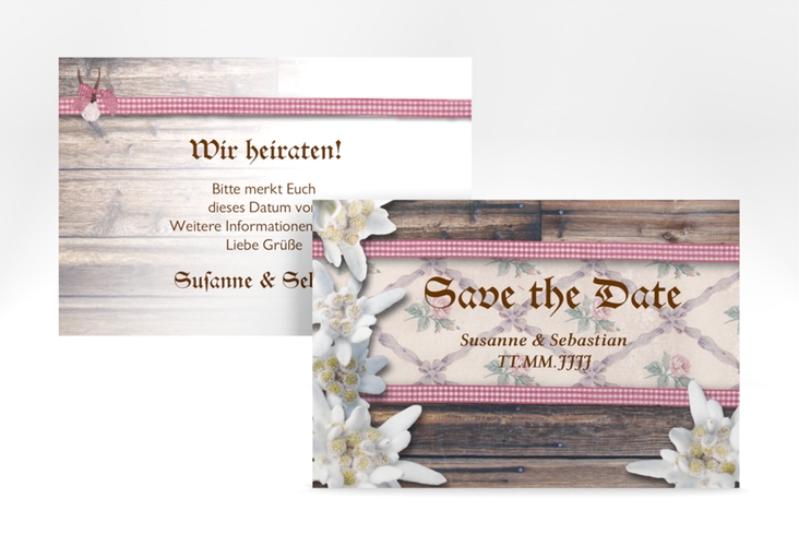 Save the Date-Karte Hochzeit Bayern A6 Karte quer rot hochglanz mit Edelweiß in rustikaler Holz-Optik