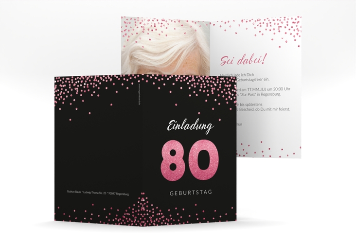 Einladung 80. Geburtstag Glitzer A6 Klappkarte hoch pink