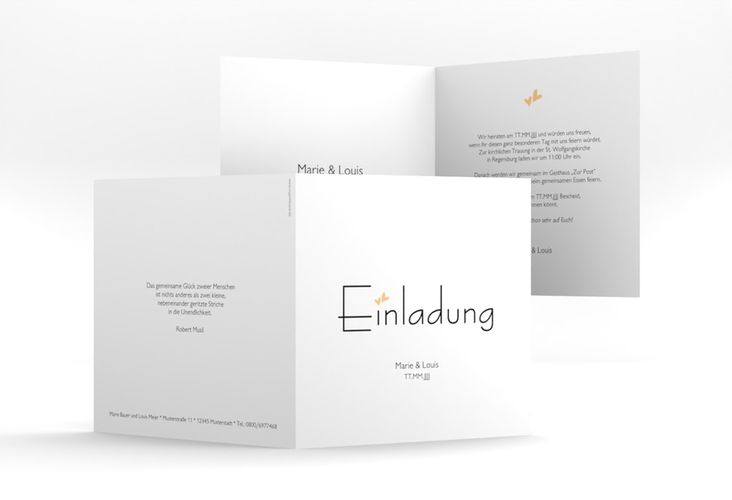 Hochzeitseinladung Twohearts quadr. Klappkarte beige hochglanz