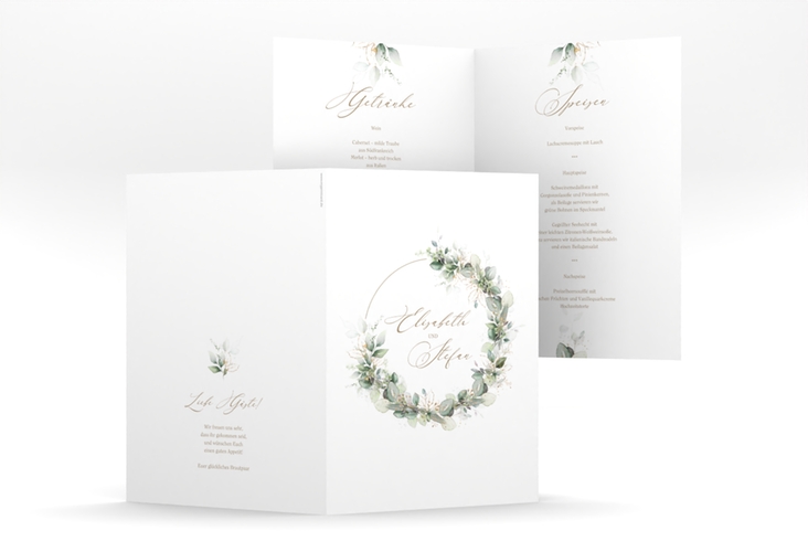 Menükarte Hochzeit Selvatica A5 Klappkarte hoch weiss hochglanz mit Eukalyptus-Kranz