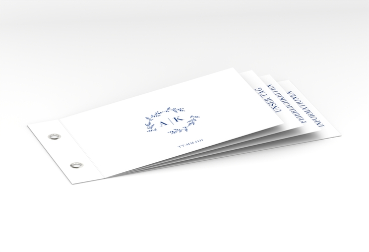 Hochzeitseinladung Filigrana Booklet blau in reduziertem Design mit Initialen und zartem Blätterkranz