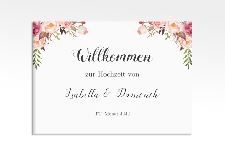 Willkommensschild Leinwand Flowers 70 x 50 cm Leinwand weiss mit bunten Aquarell-Blumen