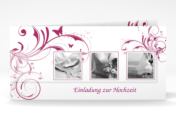 Hochzeitseinladung Palma lange Klappkarte quer pink