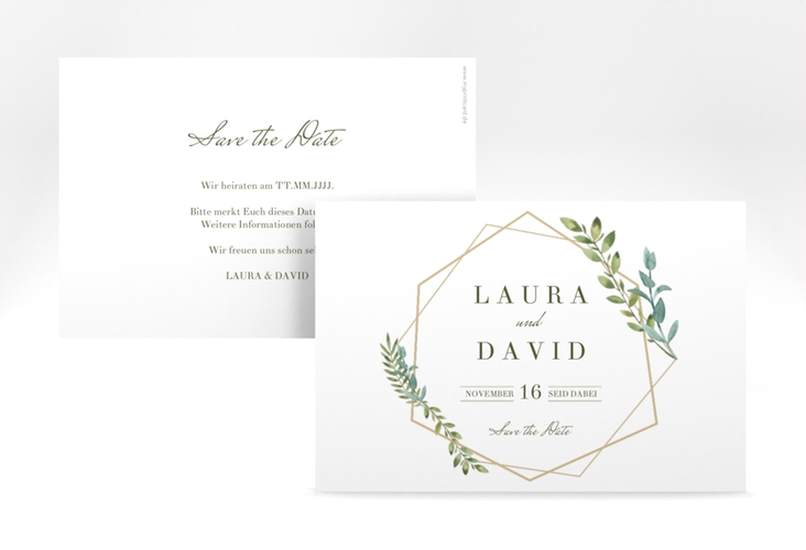 Save the Date-Karte Herbarium A6 Karte quer gold hochglanz mit geometrischem Rahmen und Blätter-Dekor