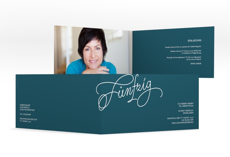 Einladung 50. Geburtstag Schwungvoll lange Klappkarte quer blau