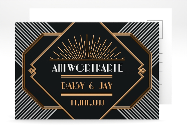 Antwortkarte Hochzeit Gatsby A6 Postkarte schwarz im 20er-Jahre-Stil