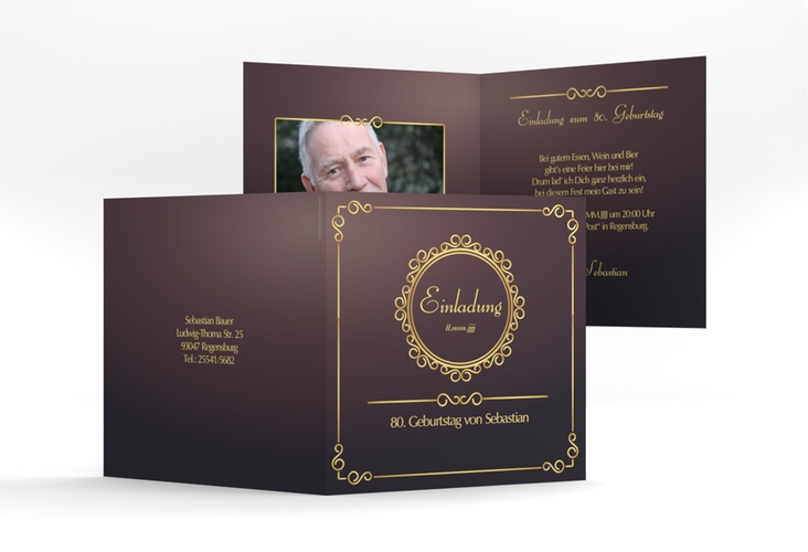 Einladung 80. Geburtstag Bert/Berta quadr. Klappkarte lila