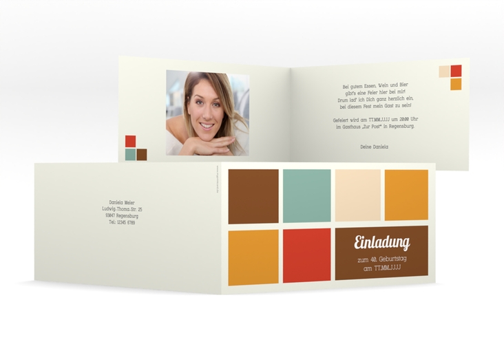 Einladung 40. Geburtstag Daniel/Daniela lange Klappkarte quer in Retro-Farben