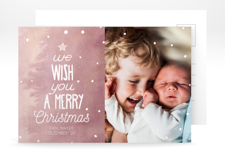 Weihnachtskarte Schneeglitzern A6 Postkarte rot mit Aquarellfarbe und Kinderfoto