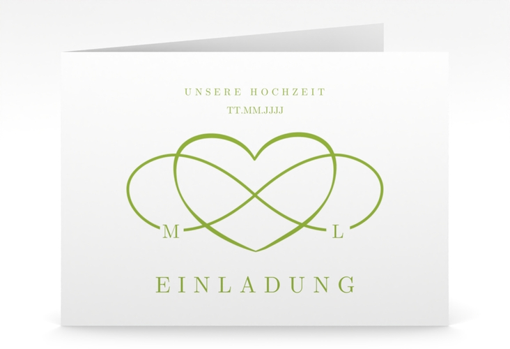 Hochzeitseinladung Infinity mittlere Klappkarte quer gruen hochglanz
