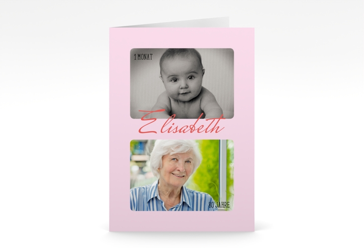 Einladung 80. Geburtstag Zeitlos A6 Klappkarte hoch rosa mit Damals- und Heute-Fotos
