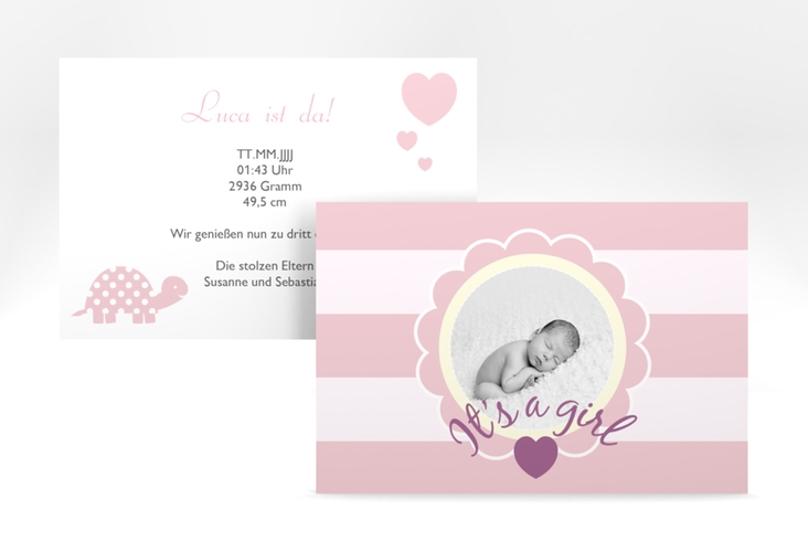 Geburtskarte Schildi A6 Karte quer rosa hochglanz