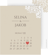 Klick: Details zu Save the Date-Kalenderblatt "Vintage" anzeigen Save the Date-Kalenderblatt Vintage Kalenderblatt-Karte beige mit floraler Spitze